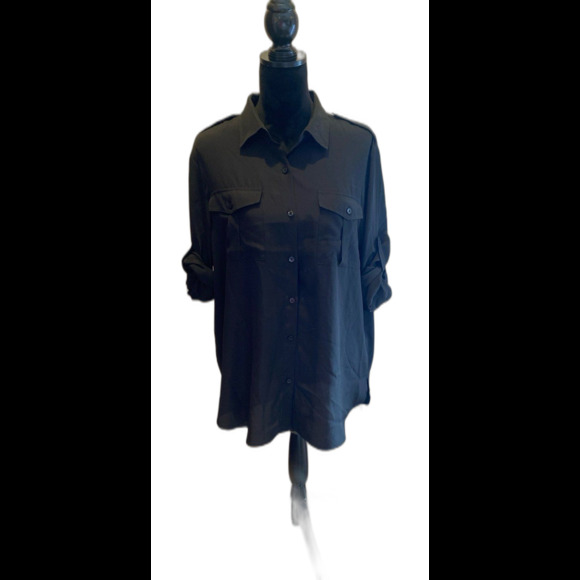 DKNY Blouse Button Down Plus Size XL Black Top Pockets Slit Sides Rounded Bottom - Picture 1 of 10
